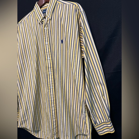 Ralph Lauren Shirt Mens Medium Long Sleeve Cotton Yellow Stripes Collar Classic - Picture 6 of 13